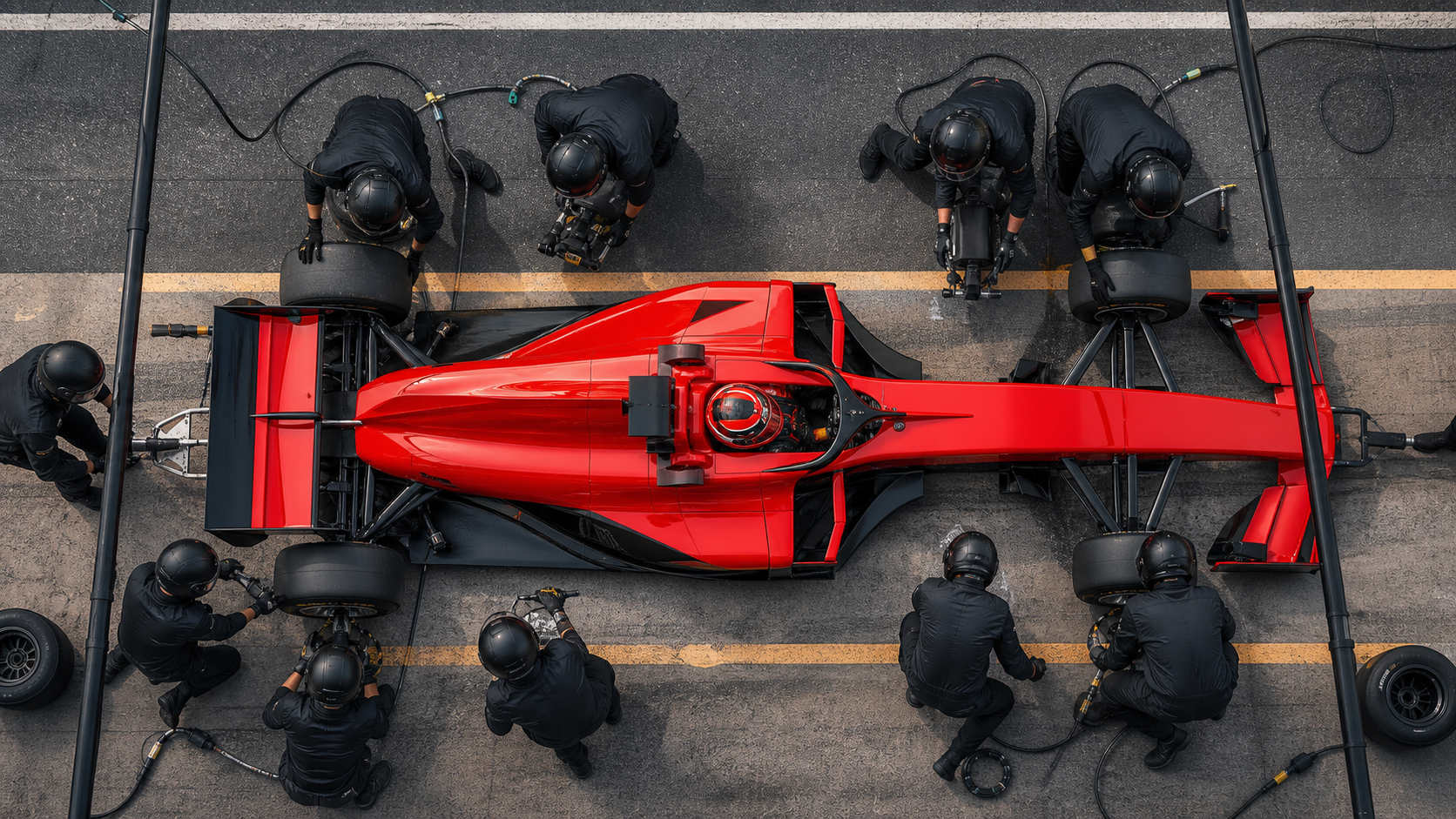 Formula One pit stop showing coordinated precision